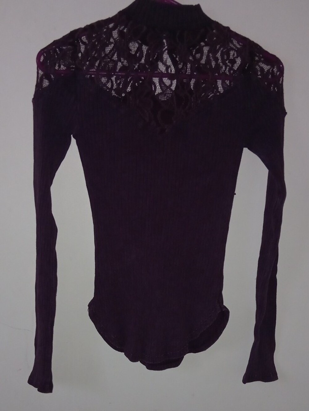 Free People People Lace Yoke Ribbed Long-Sleeve Top - Dark Purple - Picture 3 of 4